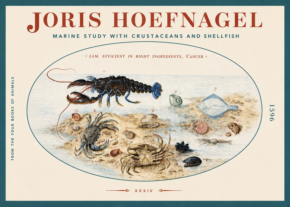 Joris Hoefnagel Marine Study with Crustaceans and Shellfish No3 - Plakát