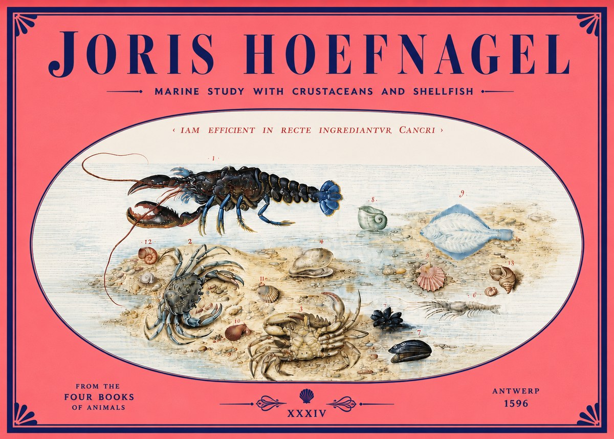 Joris Hoefnagel Marine Study with Crustaceans and Shellfish No4 - Plakát