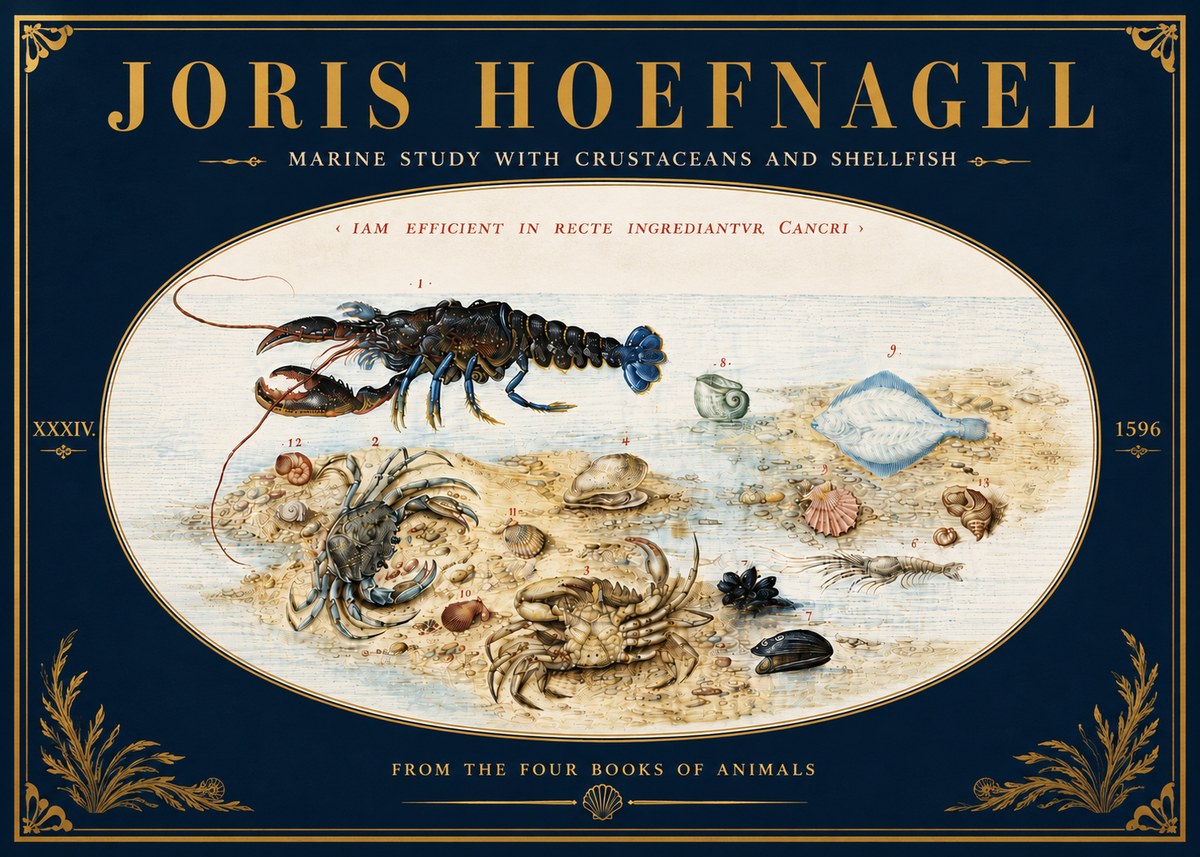Joris Hoefnagel Marine Study with Crustaceans and Shellfish No6 - Plakát