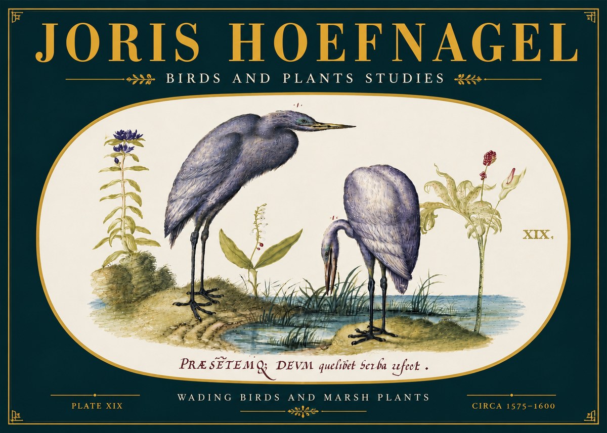 Joris Hoefnagel Wading Birds and Marsh Plants No6 - Plakát