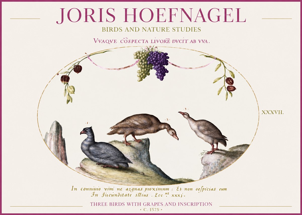 Joris Hoefnagel Three Birds with Grapes and Inscription No1 - Plakát