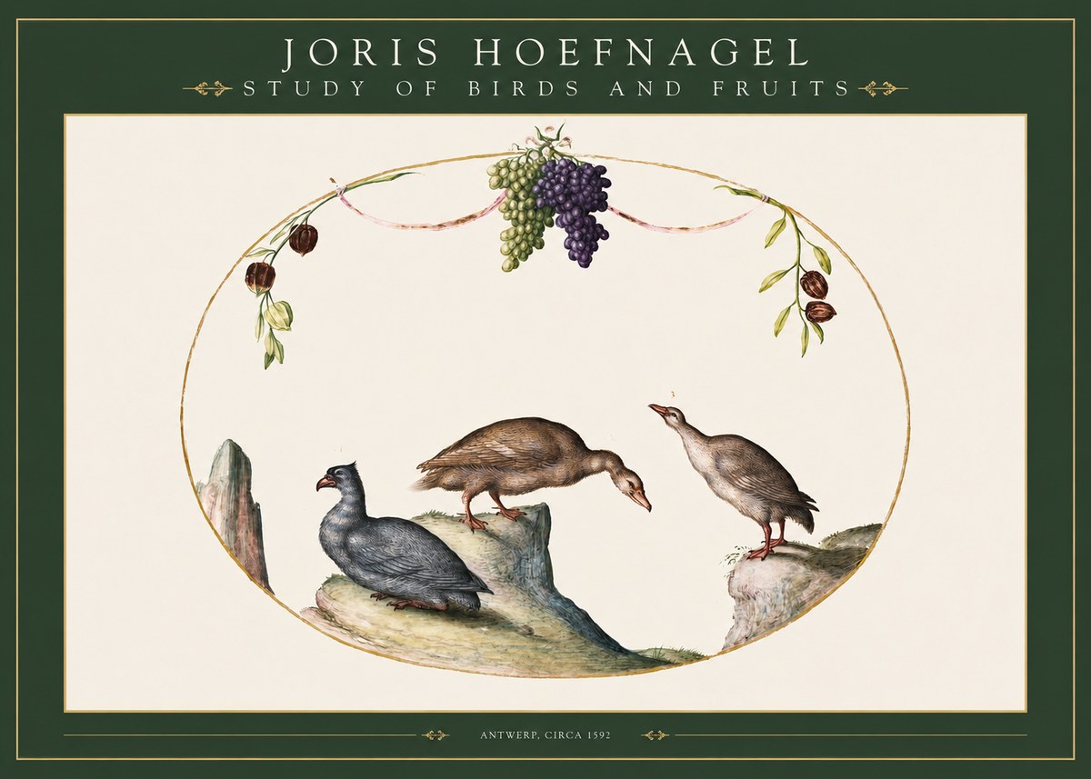 Joris Hoefnagel Three Birds with Grapes and Inscription No3 - Plakát