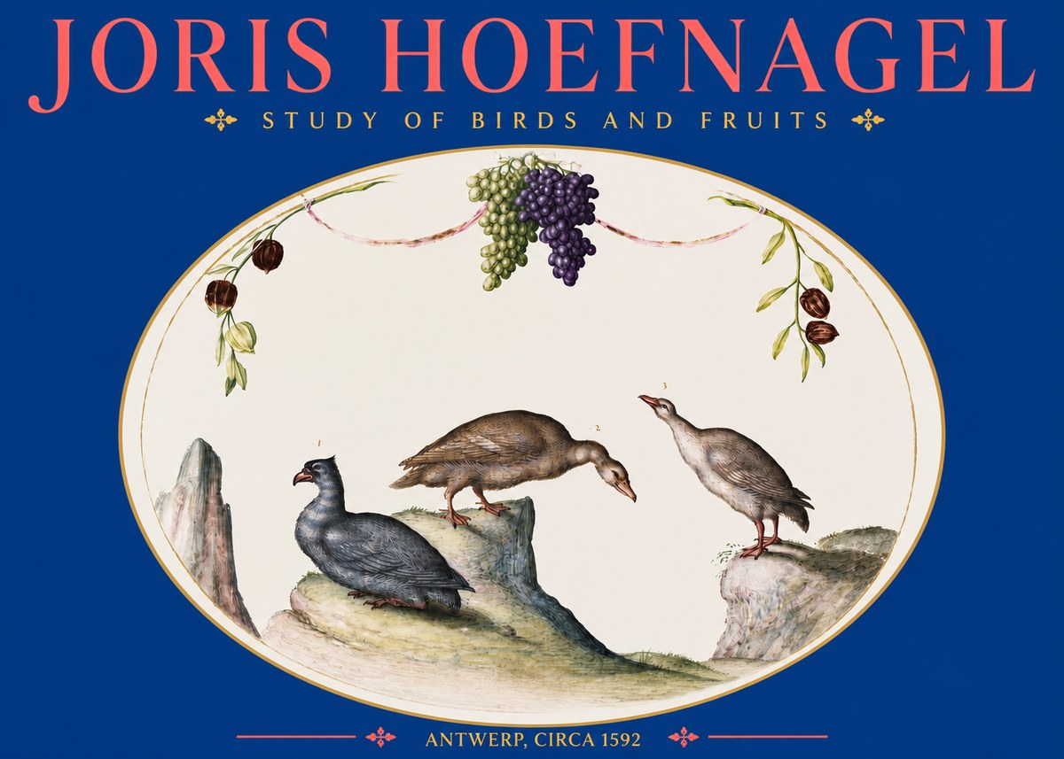 Joris Hoefnagel Three Birds with Grapes and Inscription No5 - Plakát