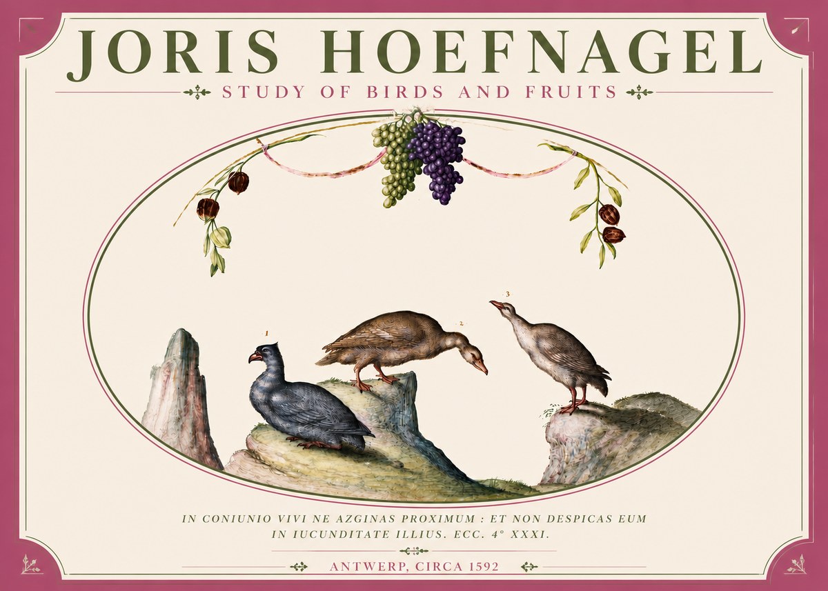 Joris Hoefnagel Three Birds with Grapes and Inscription No6 - Plakát