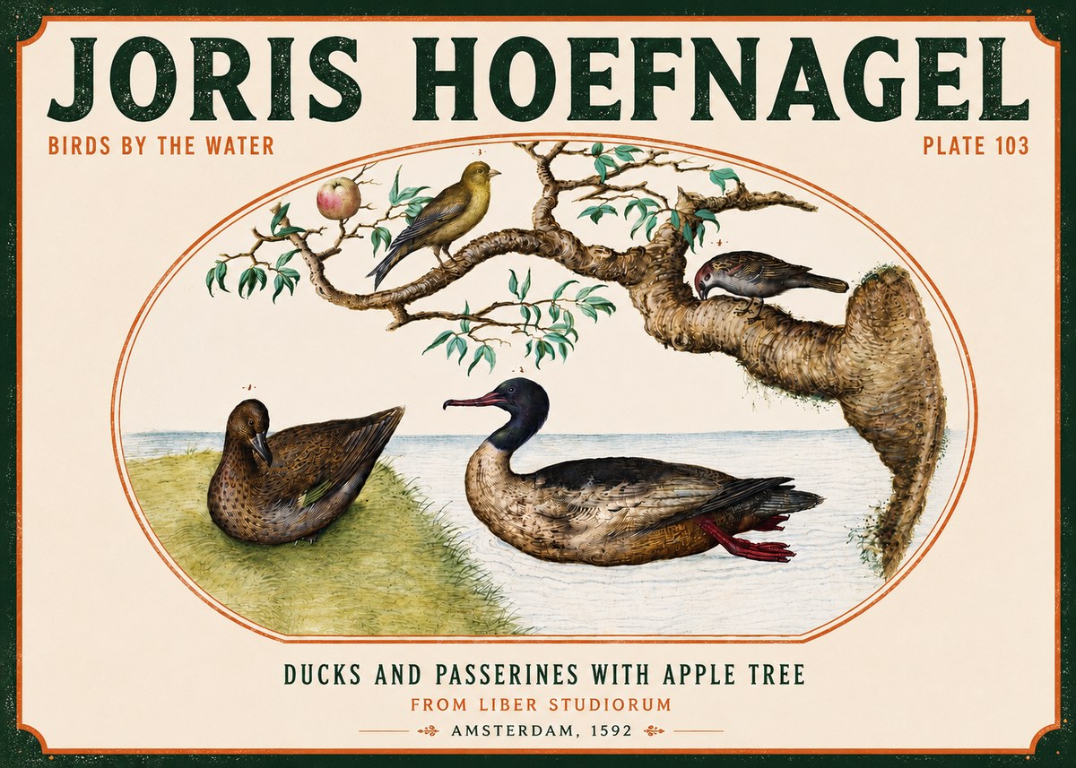Joris Hoefnagel Ducks and Passerines with Apple Tree No4 - Plakát