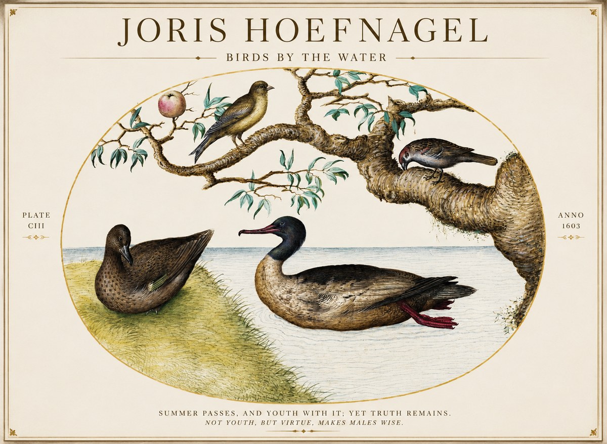 Joris Hoefnagel Ducks and Passerines with Apple Tree No5 - Plakát