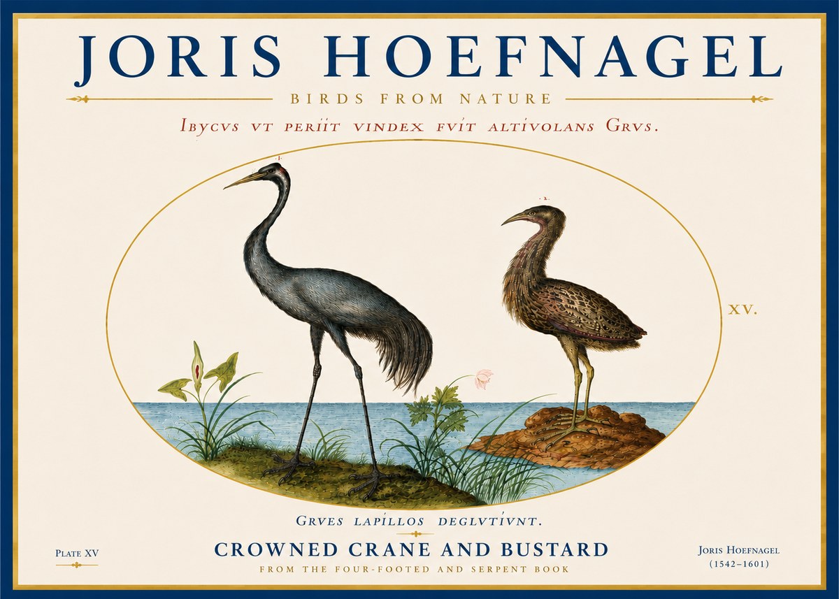 Joris Hoefnagel Crowned Crane and Bustard No6 - Plakát