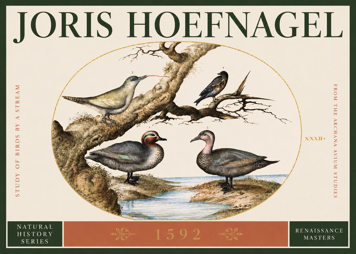 Joris Hoefnagel Study of Birds by a Stream No2 - Plakát