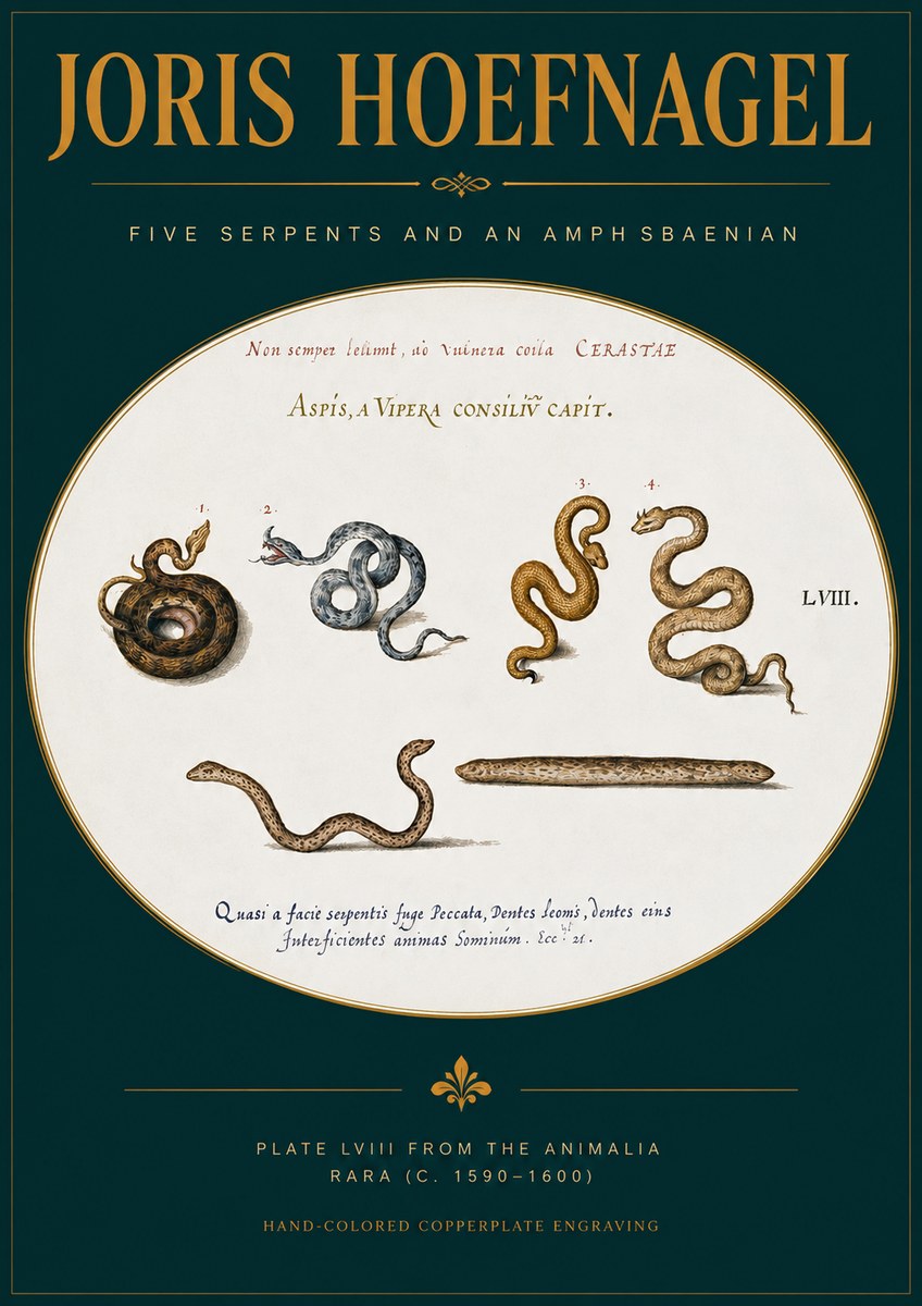 Joris Hoefnagel Five Serpents and an Amphisbaenian No2 - Plakát