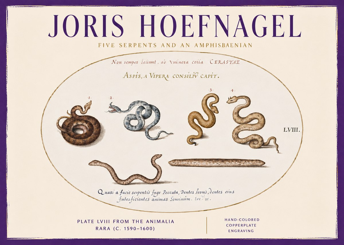Joris Hoefnagel Five Serpents and an Amphisbaenian No3 - Plakát