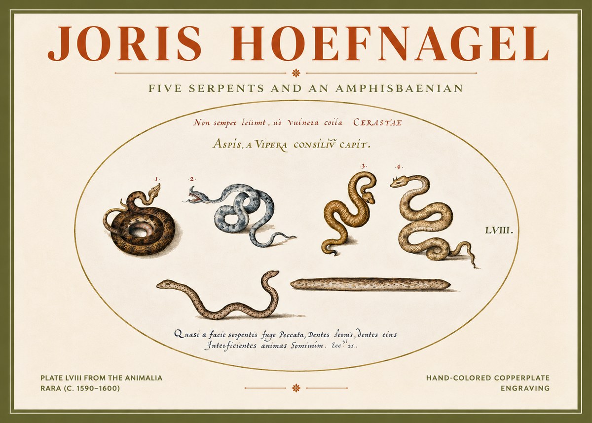 Joris Hoefnagel Five Serpents and an Amphisbaenian No4 - Plakát