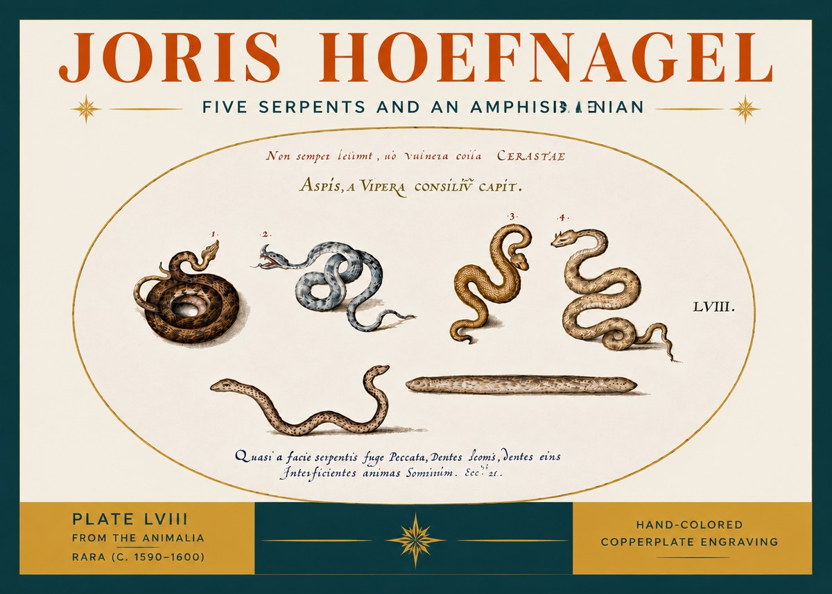 Joris Hoefnagel Five Serpents and an Amphisbaenian No6 - Plakát