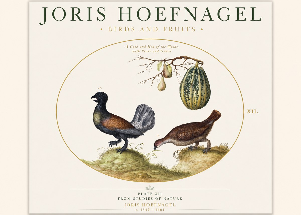 Joris Hoefnagel A Cock and Hen of the Woods with Pears and Gourd No1 - Plakát