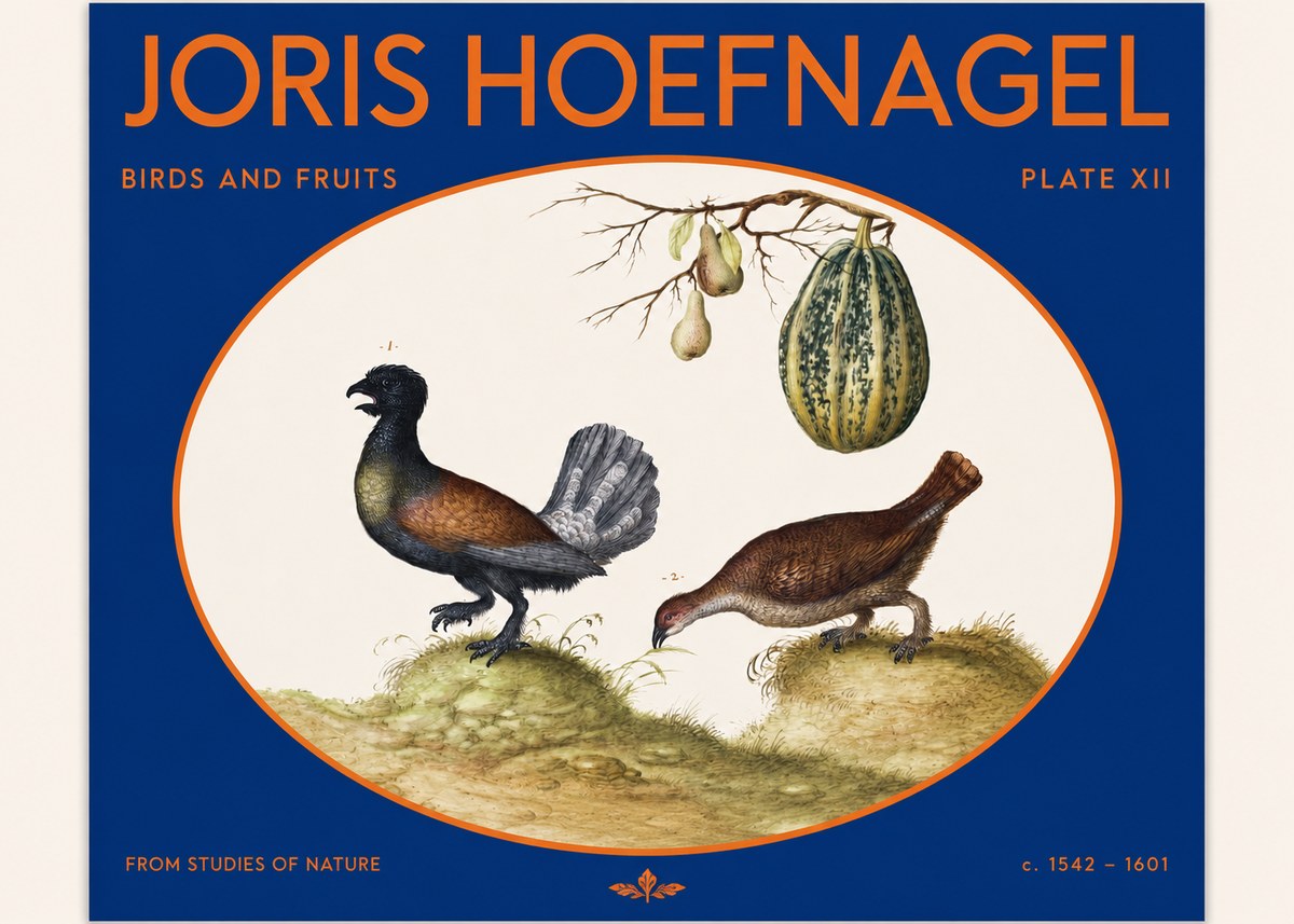 Joris Hoefnagel A Cock and Hen of the Woods with Pears and Gourd No2 - Plakát