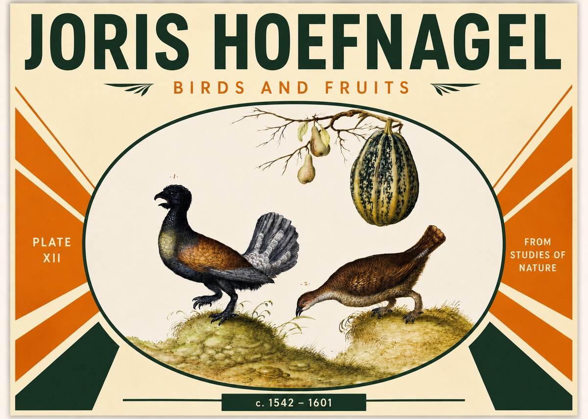 Joris Hoefnagel A Cock and Hen of the Woods with Pears and Gourd No3 - Plakát