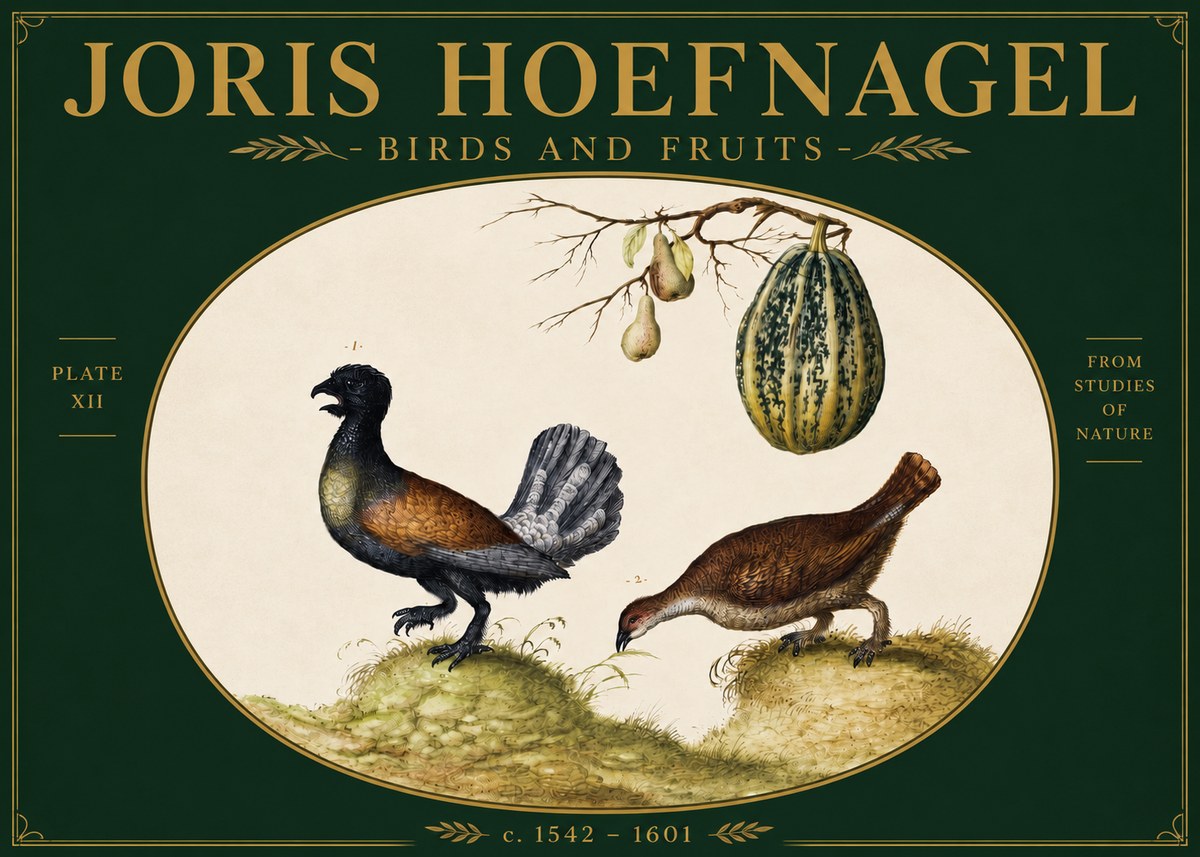 Joris Hoefnagel A Cock and Hen of the Woods with Pears and Gourd No4 - Plakát