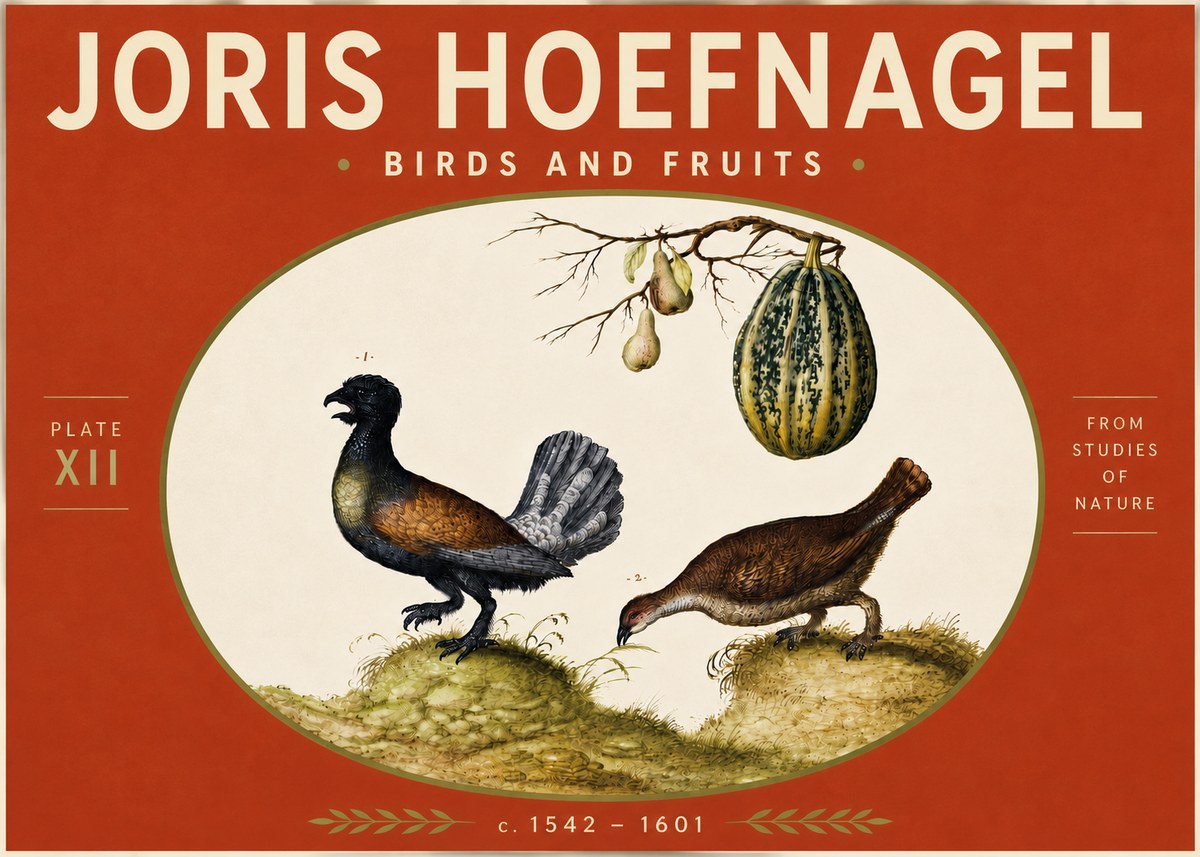 Joris Hoefnagel A Cock and Hen of the Woods with Pears and Gourd No5 - Plakát
