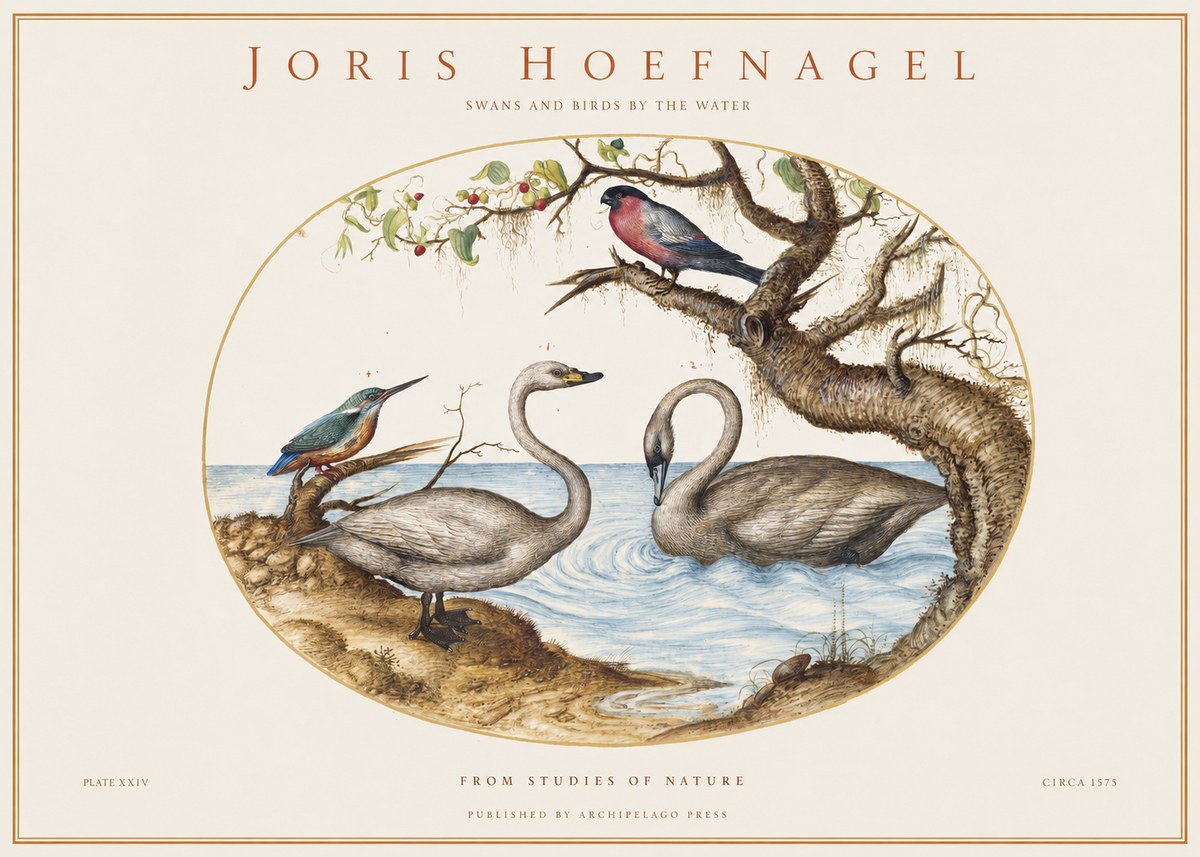 Joris Hoefnagel Swans and Birds by the Water No1 - Plakát
