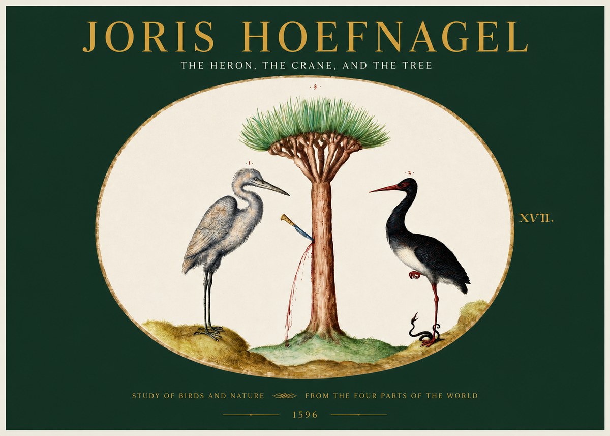 Joris Hoefnagel The Heron, the Crane, and the Tree No2 - Plakát