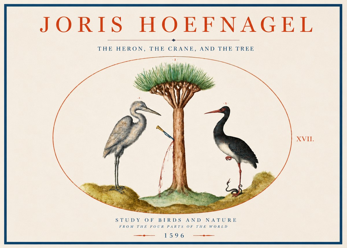 Joris Hoefnagel The Heron, the Crane, and the Tree No3 - Plakát