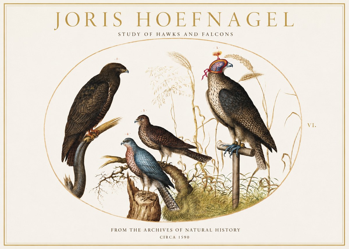 Joris Hoefnagel Studies of Hawks and Falcons No2 - Plakát