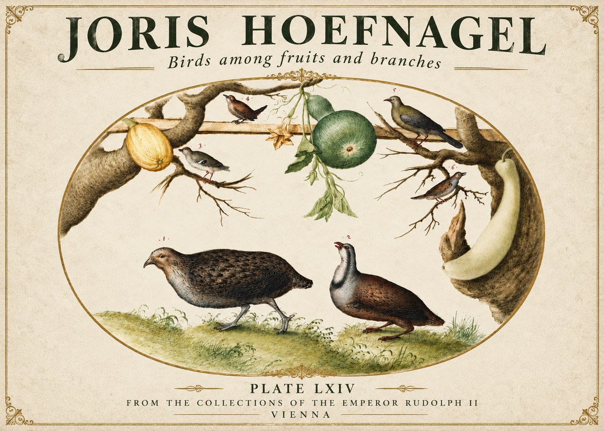 Joris Hoefnagel Birds Among Fruits and Branches No3 - Plakát