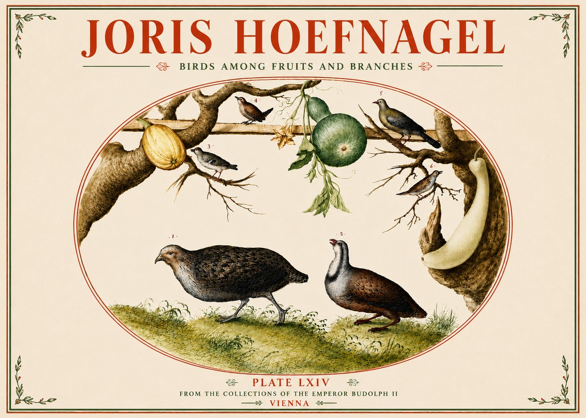 Joris Hoefnagel Birds Among Fruits and Branches No5 - Plakát