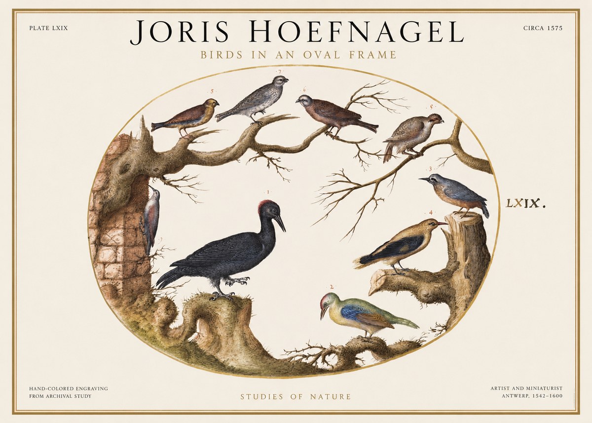 Joris Hoefnagel Birds in an Oval Frame No1 - Plakát