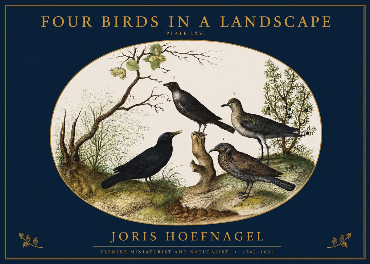 Joris Hoefnagel Four Birds in a Landscape No2 - Plakát