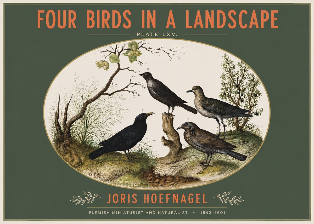 Joris Hoefnagel Four Birds in a Landscape No3 - Plakát