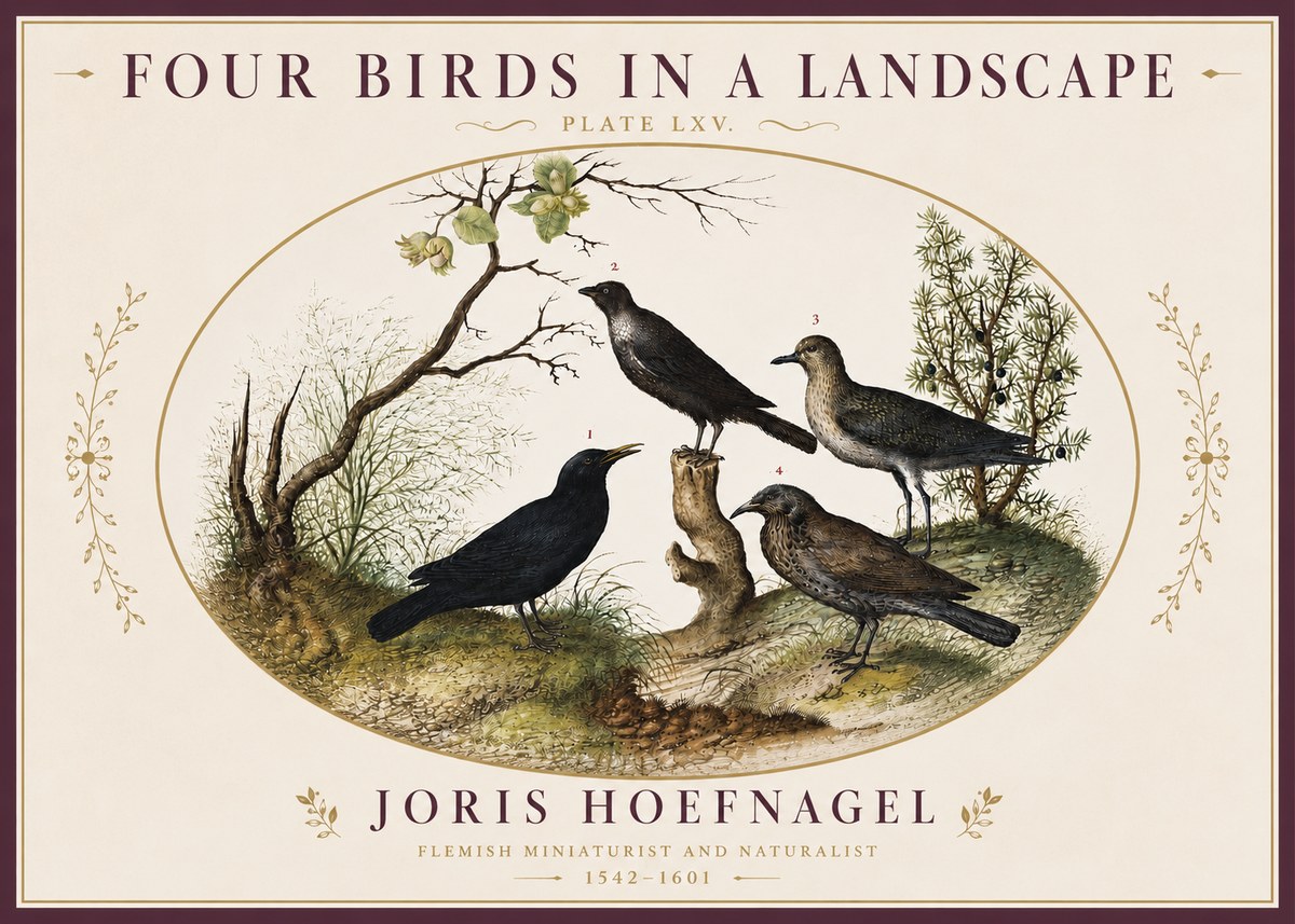 Joris Hoefnagel Four Birds in a Landscape No4 - Plakát