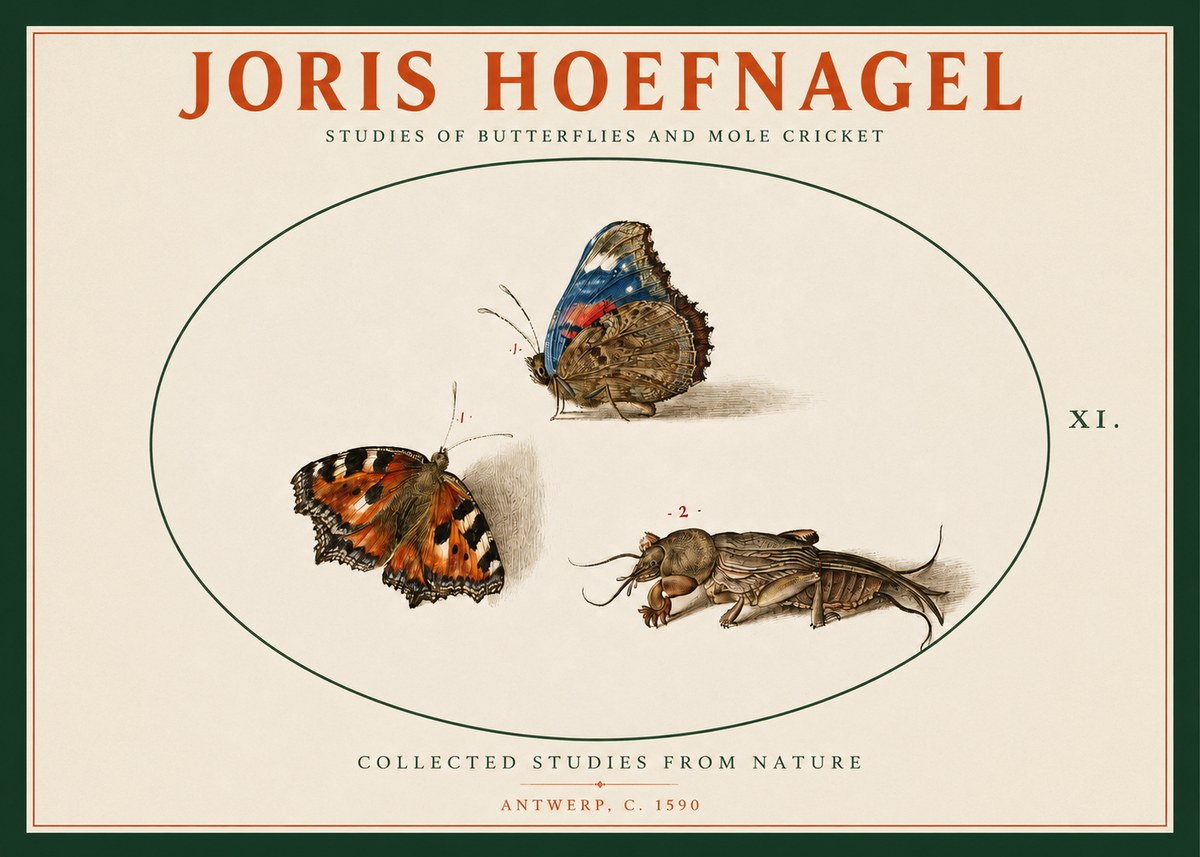 Joris Hoefnagel Studies of Butterflies and Mole Cricket No2 - Plakát