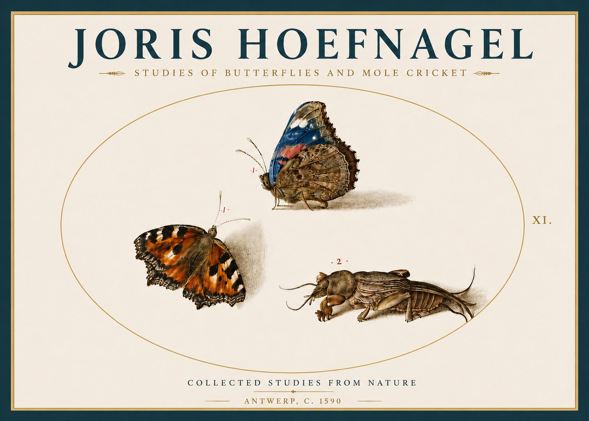 Joris Hoefnagel Studies of Butterflies and Mole Cricket No4 - Plakát