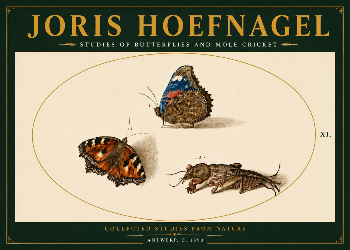 Joris Hoefnagel Studies of Butterflies and Mole Cricket No6 - Plakát