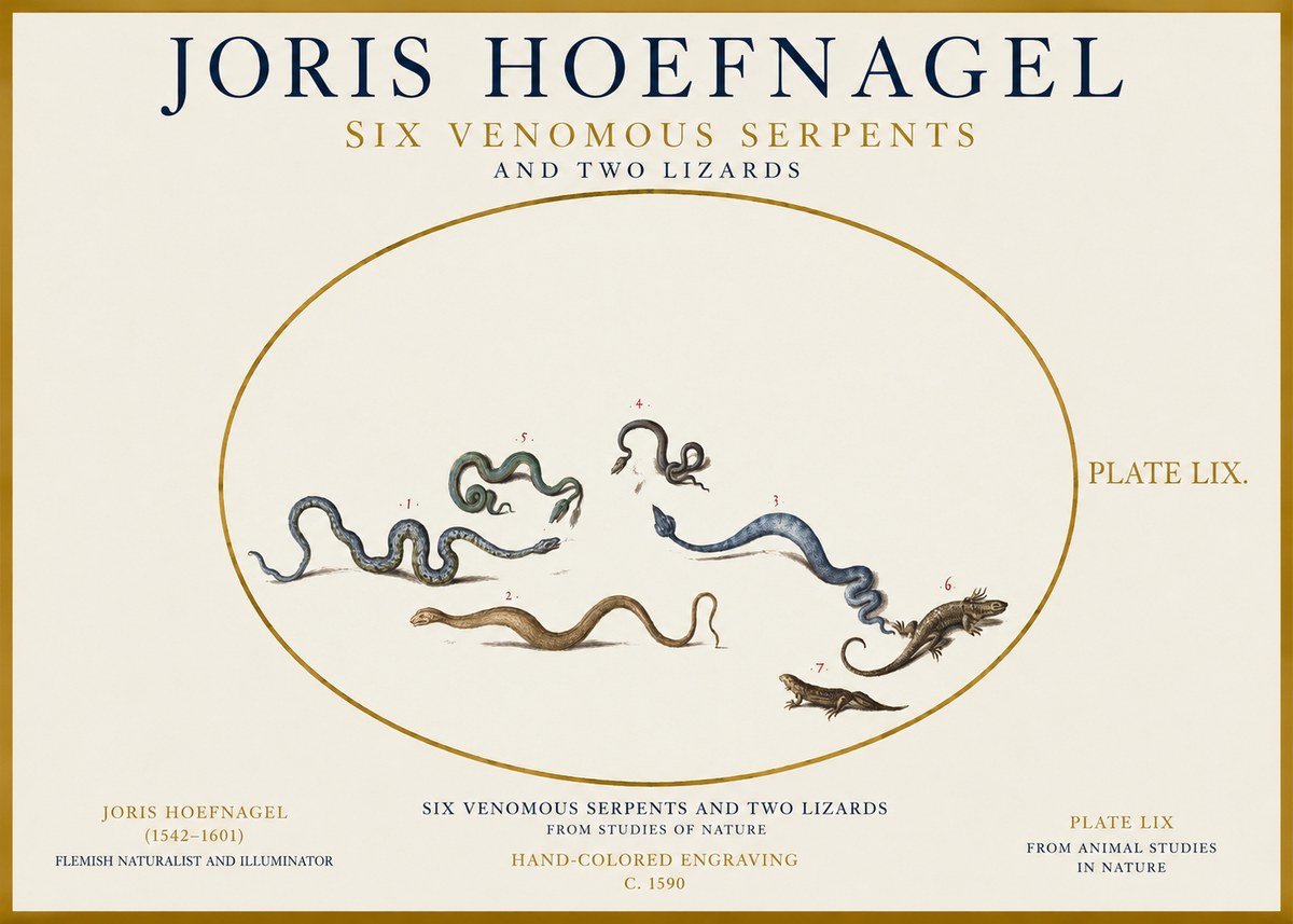 Joris Hoefnagel Six Venomous Serpents and Two Lizards No1 - Plakát