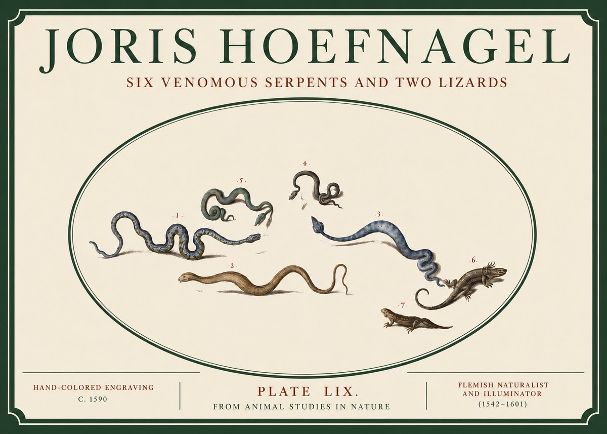 Joris Hoefnagel Six Venomous Serpents and Two Lizards No3 - Plakát