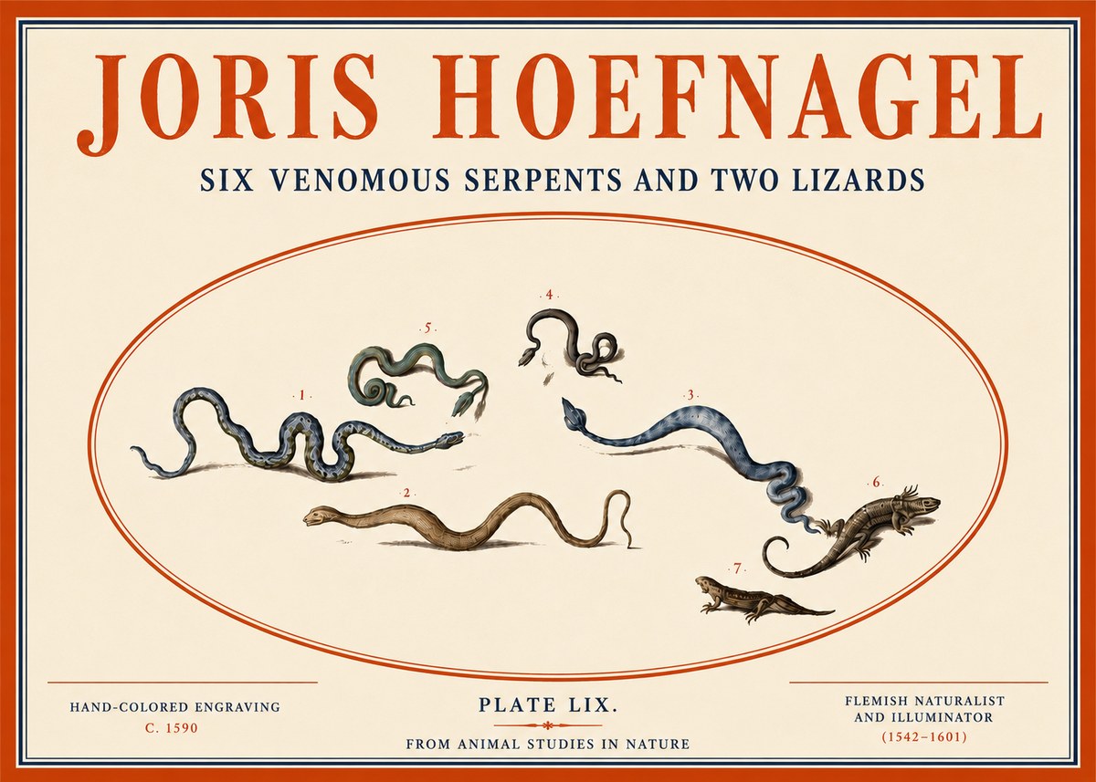 Joris Hoefnagel Six Venomous Serpents and Two Lizards No4 - Plakát