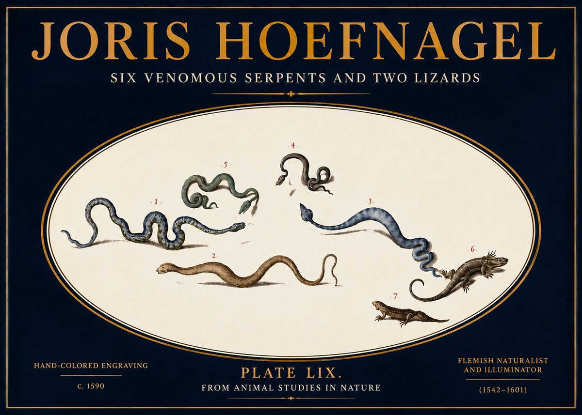 Joris Hoefnagel Six Venomous Serpents and Two Lizards No5 - Plakát