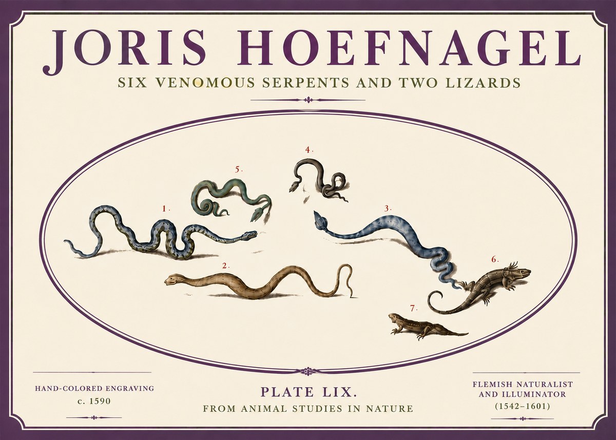 Joris Hoefnagel Six Venomous Serpents and Two Lizards No6 - Plakát