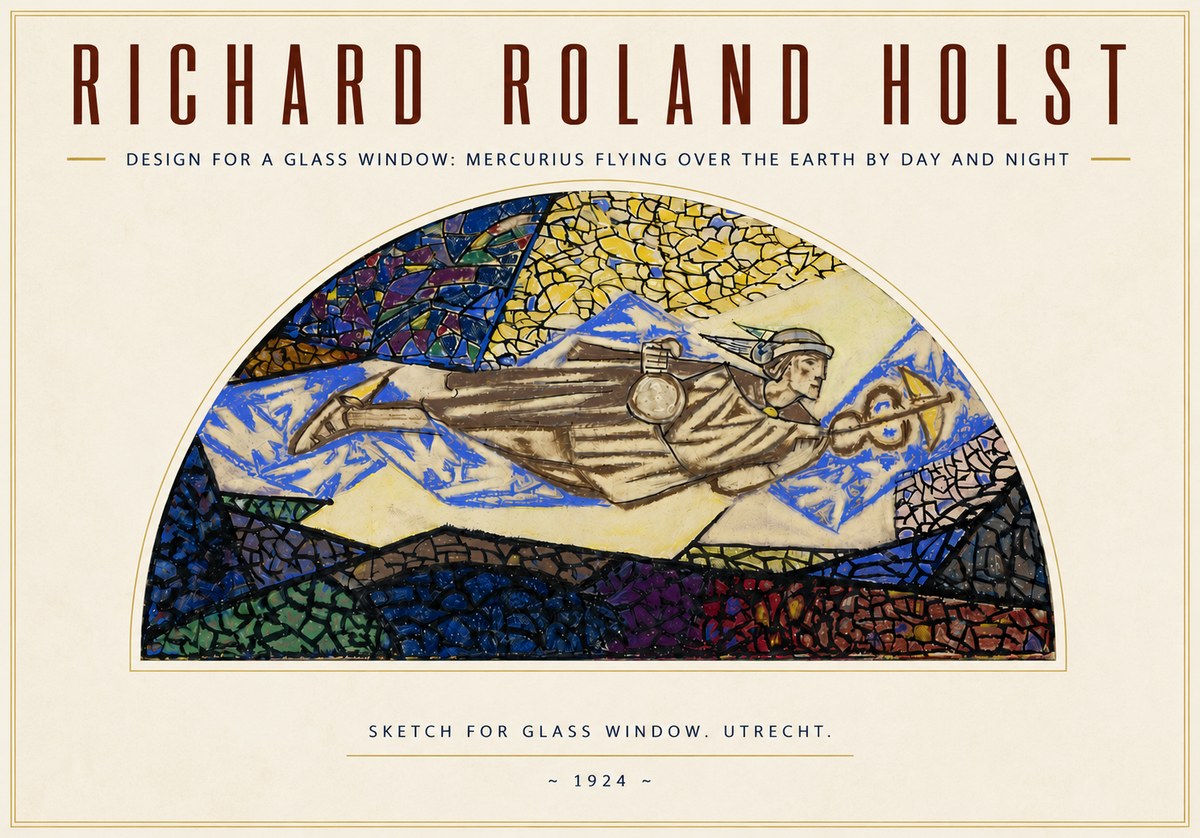 Richard Roland Holst Design for a Glass Window: Mercurius Flying over the Earth by Day and Night No3 - Plakát