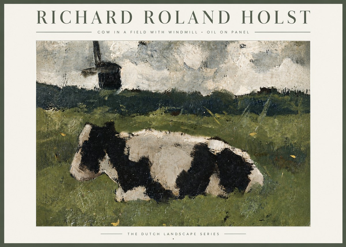 Richard Roland Holst Cow in a Field with Windmill No4 - Plakát