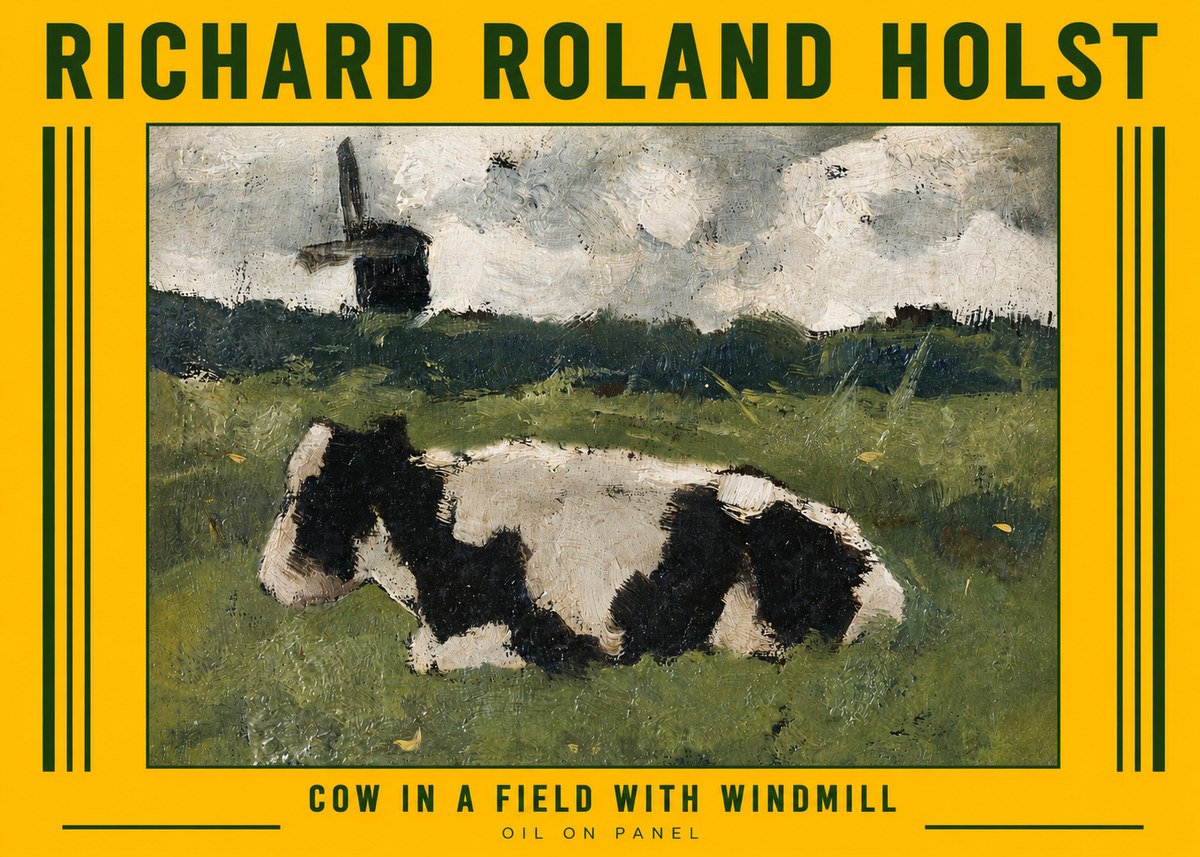 Richard Roland Holst Cow in a Field with Windmill No6 - Plakát