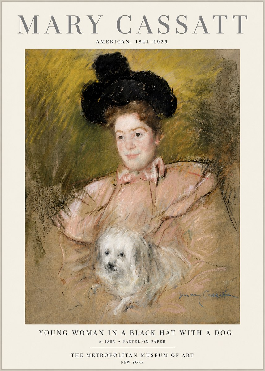 Mary Cassatt Young Woman in a Black Hat with a Dog No6 - Plakát