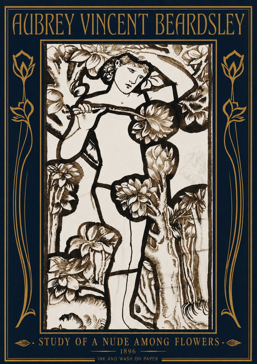 Aubrey Beardsley Study of a Nude Among Flowers No4 - Plakát