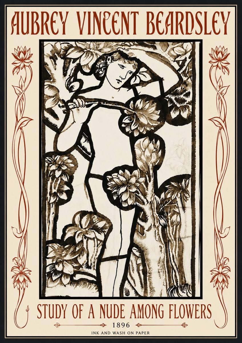 Aubrey Beardsley Study of a Nude Among Flowers No6 - Plakát