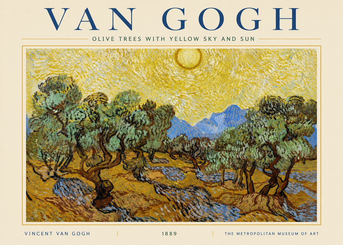 Van Gogh Olive Trees with Yellow Sky and Sun No5 - Plakát