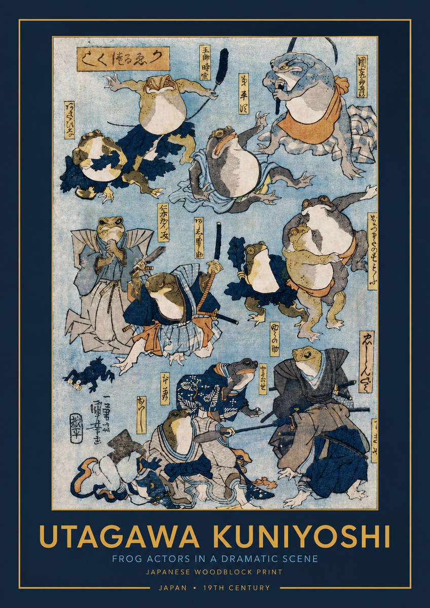 Utagawa Kuniyoshi Frog Actors in a Dramatic Scene No3 - Plakát