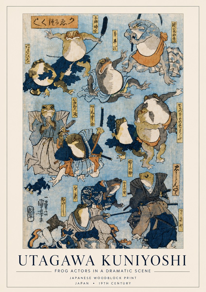 Utagawa Kuniyoshi Frog Actors in a Dramatic Scene No4 - Plakát