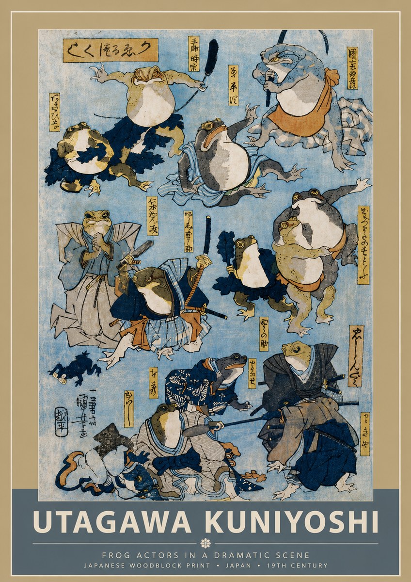 Utagawa Kuniyoshi Frog Actors in a Dramatic Scene No5 - Plakát