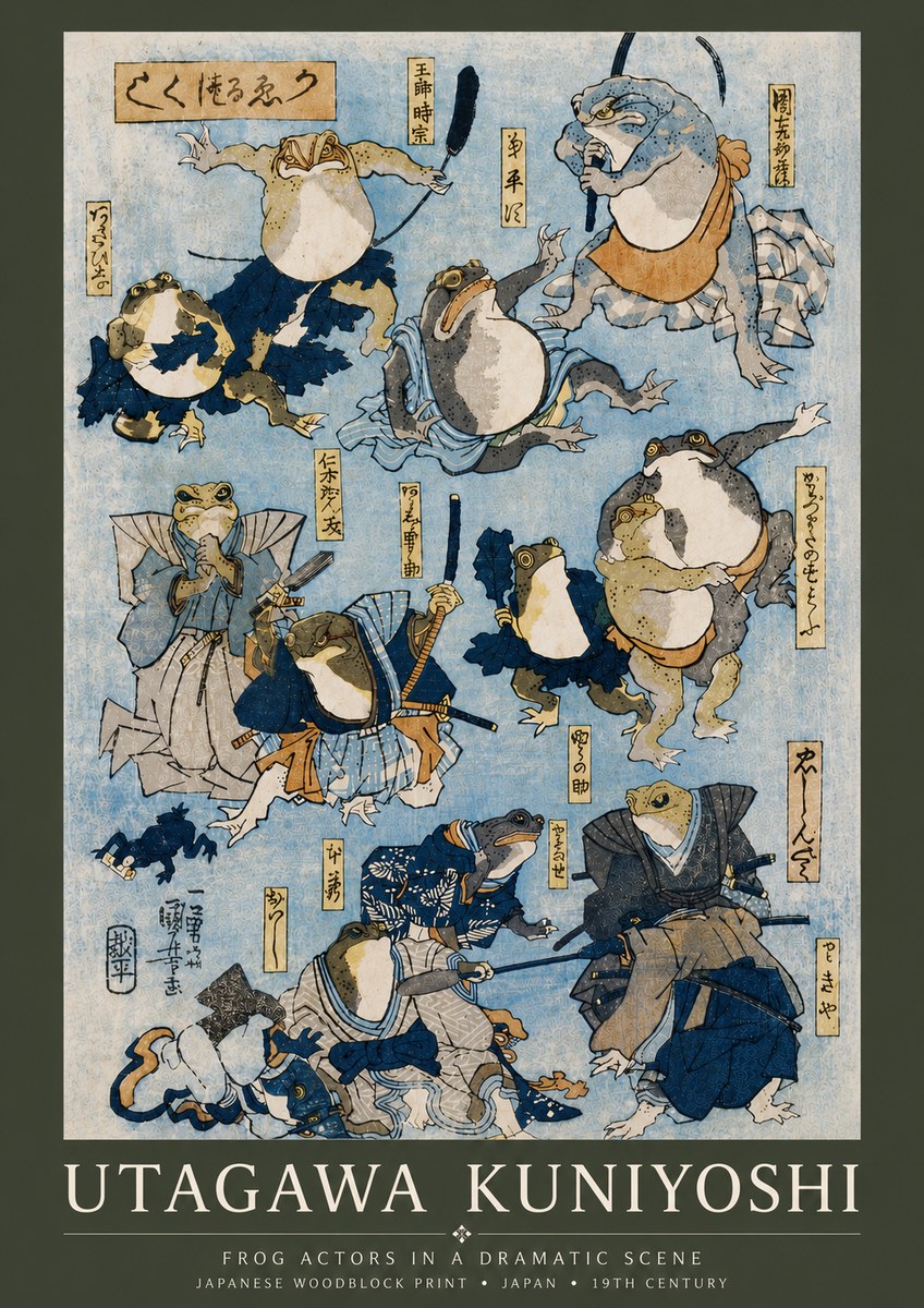 Utagawa Kuniyoshi Frog Actors in a Dramatic Scene No6 - Plakát